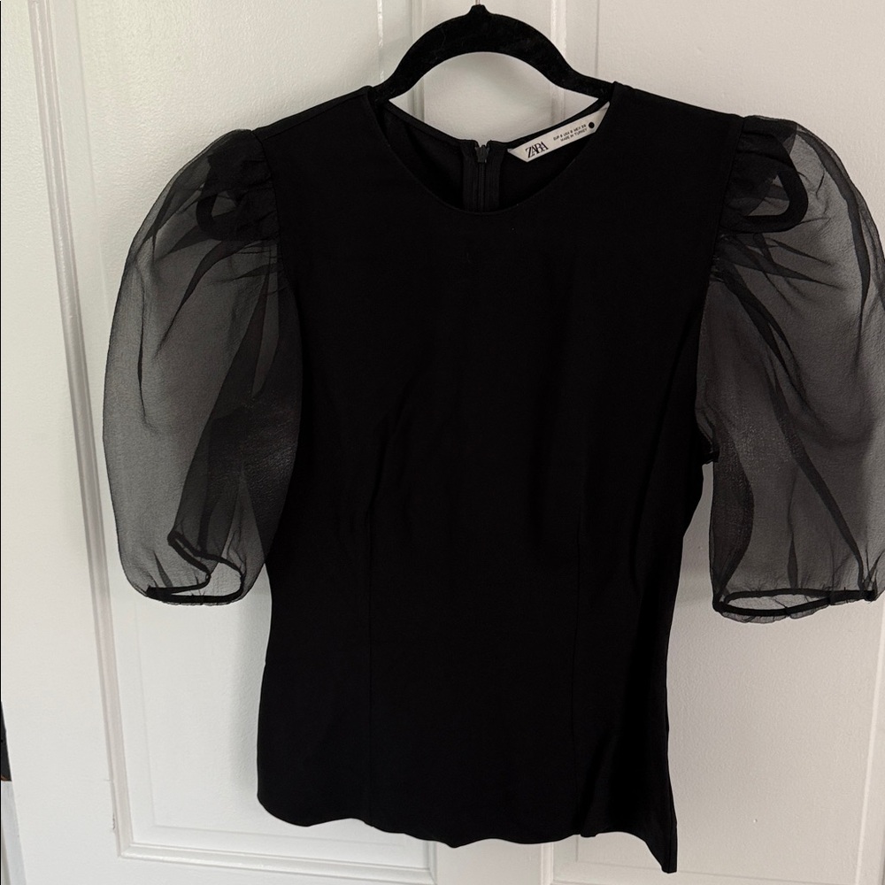 ZARA Black Sheer Puff Sleeve Top
